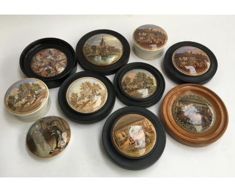 A collection of 10 ceramic Prattware pot lids, to include Trinity Church; Seven Ages of Man; Hamlet and his Father's Ghost; A