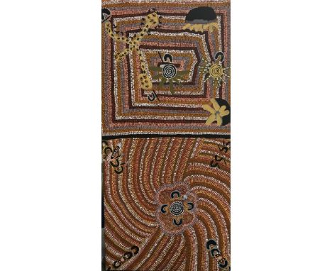 An Aboriginal Australian work on canvas, probably by a Warlpiri artist, 60x125cm