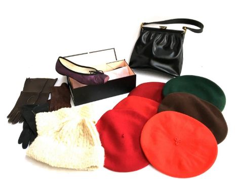 A pair of Repetto of Paris size 38 amethyst pumps; a black leather ladies evening bag; Blancq-Olibet, Kangol, and toast beret