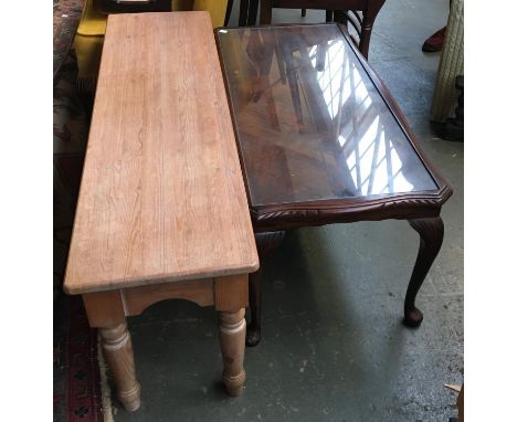 A pine hall bench, 118cmW; together with a coffee table with glass inset top, 97cmW 