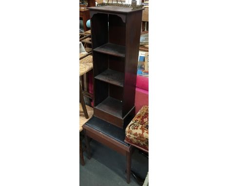 A narrow shelf of three shelves, pierced metal gallery, 30x88cmH; together with a piano stool 