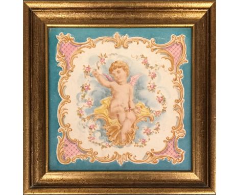 A hand painted 19th century French tile depicting cupid, 19x19cm 