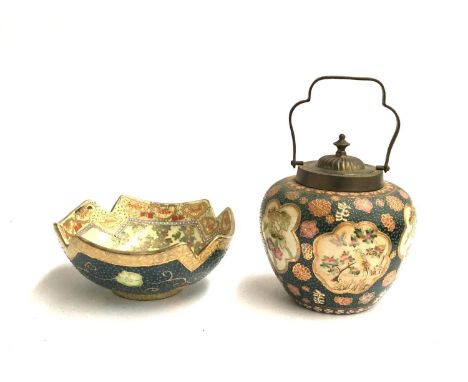 A 20th century Japanese lidded crackle glaze biscuit barrel decorated with panels of flora and fauna, heightened in tubelined