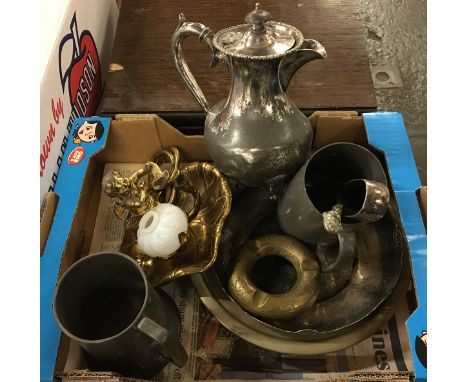 A mixed lot to include plated items, pewter tankard and small brass Cherub oil lamp