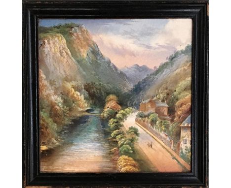 A Minton's hand painted tile of High Tor, Matlock, signed indistinctly, 22x22cm 