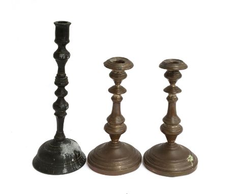 A pair of originally plated candlesticks, marked C. Balaine a Paris, each 22.5cmH; together with a 19th century heavy metal c
