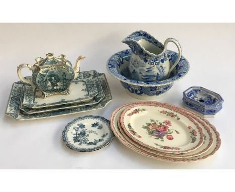 Three Royal Staffordshire 'Nancy' by Clarice Cliff graduating meat plates; three graduating Alexandria meat plates and tea po