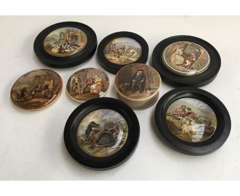 A collection of eight ceramic Prattware pot lids, 'War'; 'Peace'; 'Preparing for the Ride'; 'The Farriers'; 'I Consent'; 'The