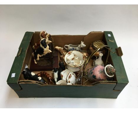 A mixed lot of ceramic and other figurines, some Royal Albert 'Old Country Roses' teawares, blue and white cow creamer etc 