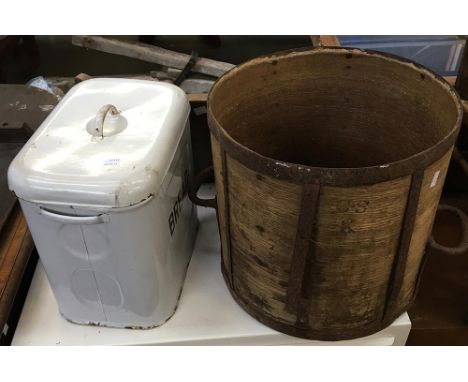 A vintage enamel breadbin, together with a wooden trough 