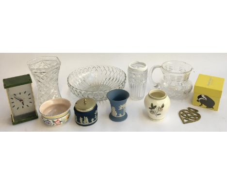 A mixed lot to include a Poole pottery dish; Wedgwood Jasperware; Westclox clock; glass vases etc 
