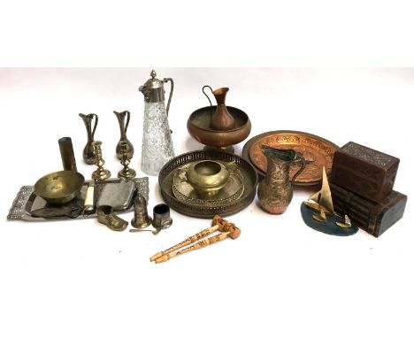 A mixed lot of copper and brass and plated items, to include plates, vases, mother of pearl penknife, cut glass decanter etc 