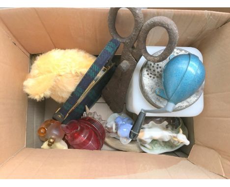 A mixed lot to include Harrods handbag, teddy bear, butter churn, large shears, horn, Orchidee perfume, ceramic figurines, cr