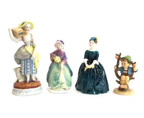 Four ceramic figurines, Royal Doulton 'Cherie'; pseudo-meissen figure of girl with doves and lamb, approx. 17.5cmH; with two 