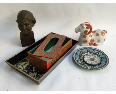 A resin bust of a boy; wooden tissue box; enamel plates; ceramic pot in the form of a goat; Bristol blue glass bowl containin