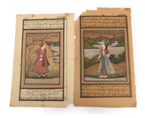 Indian School (19th century) Portrait of a Ruler in landscape Gouache, 15cm by 10cm, with script;  and A Similar Portrait, of
