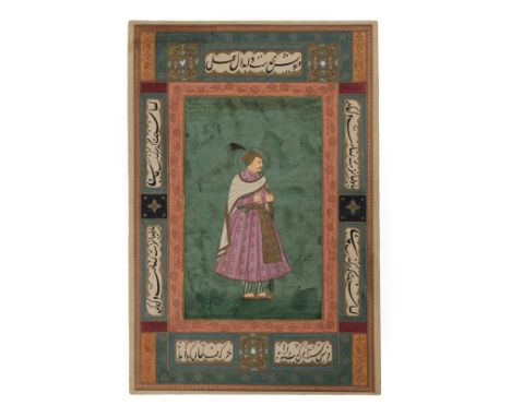 Qajar (19th century) Portrait of a Mughal Ruler within a border of calligraphy and foliate panels Signed, gouache heightened 