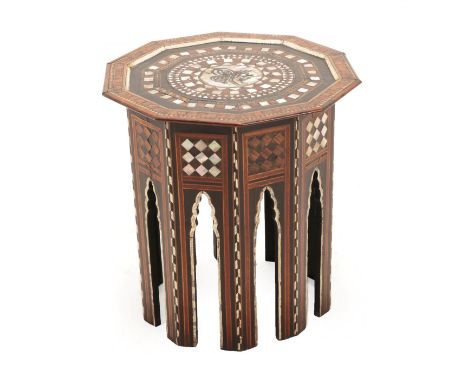 A Damascus Mother-of-Pearl and Bone Inlaid Parquetry Occasional Table, late 19th/early 20th century, the decagonal top centre