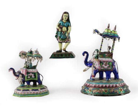 An Indian White Metal, Enamel and Hardstone Group, late 19th/early 20th century, as an elephant with a houdah, 20cm high; A S