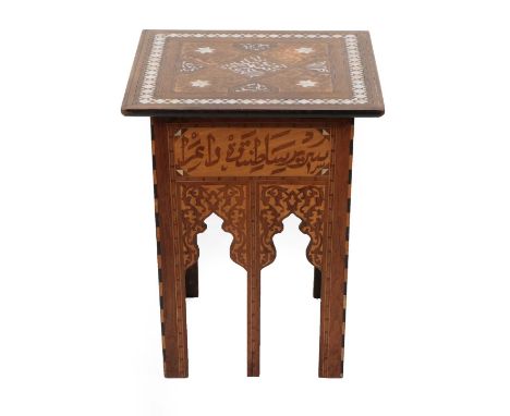 A Mother-of-Pearl Inlaid Olivewood and Marquetry Table, probably Damascus, late 19th century, the square top inlaid with call