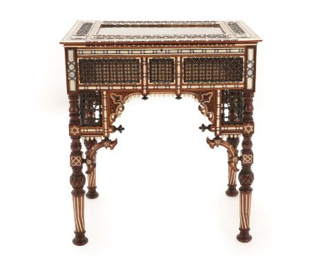 An Ottoman Ivory, Bone and Mother-of-Pearl Inlaid Bijouterie Table, late 19th century, of rectangular form, the hinged cover 