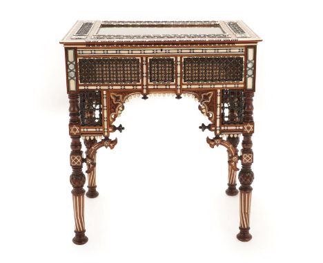 An Ottoman Ivory, Bone and Mother-of-Pearl Inlaid Bijouterie Table, late 19th century, of rectangular form, the hinged cover 