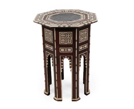 A Damascus Bone and Mother-of-Pearl Inlaid Occasional Table, early 20th century, the octagonal top centred by a lacquered pan