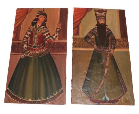 Qajar (late 19th/early 20th century) Full length portrait of Fath Ali Shah in Imperial dress standing before a window Oil on 