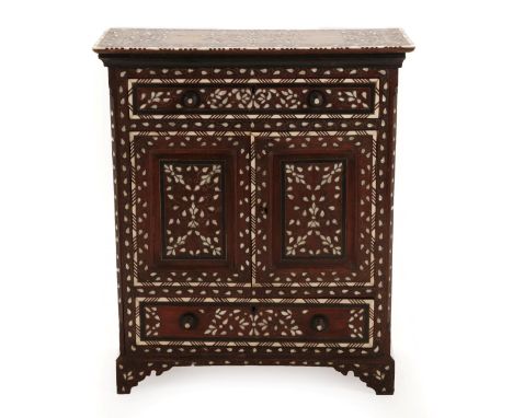 A Damascus Mother-of-Pearl, Bone Inlaid and Pewter Strung Side Cabinets, late 19th/early 20th century, the rectangular top ov