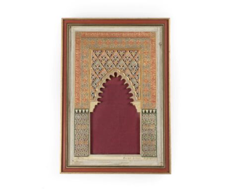 Enrique Linares: A Gilt and Painted Carved Gesso Architectural Study Panel, as a Mihrab from the Alhambra Palace, decorated w