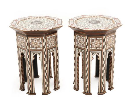 A Pair of Syrian Bone and Mother-of-Pearl Inlaid Hardwood Occasional Tables, 20th century, the octagonal tops inlaid with Tug