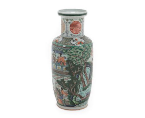 A Chinese Porcelain Rouleau Vase, Kangxi reign mark but not of the period, painted in famille verte enamels with a ceremonial