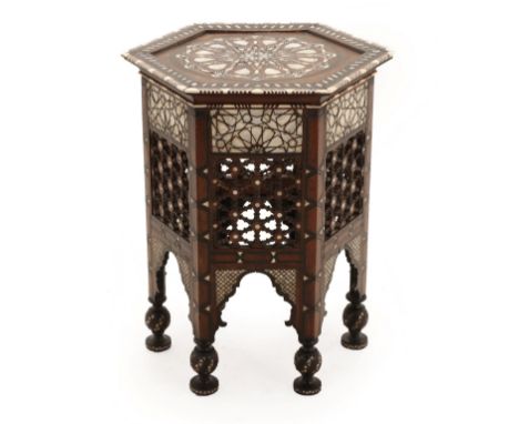 A Damascus Bone, Mother-of-Pearl and Pewter Strung Hardwood Occasional Table, late 19th century, the hexagonal top with geome