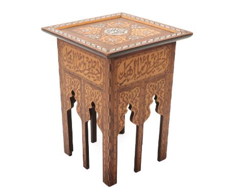 A Damascus Mother-of-Pearl, Ebony Inlaid and Parquetry Hardwood Occasional Table, late 19th /early 20th century, the square t