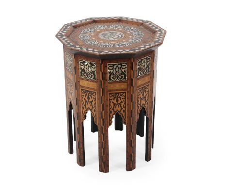 A Damascus Mother-of-Pearl Inlaid Hardwood Occasional Table, late 19th/early 20th century, the hinged decagonal top inlaid wi
