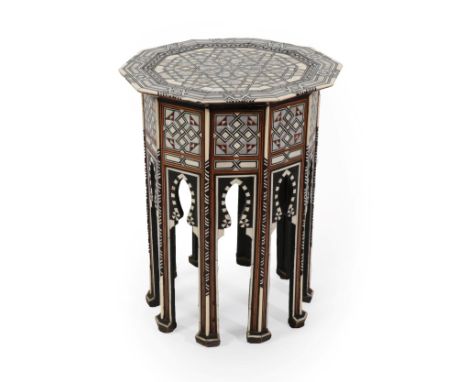 A Damascus Bone and Mother-of-Pearl Inlaid Hardwood Occasional Table, late 19th/early 20th century, the decagonal top with ge