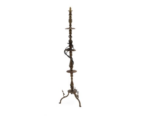 A Cairo Ware Brass Lamp Stand, early 20th century, of knopped baluster form, with four circular plinths on tripod base, 150cm
