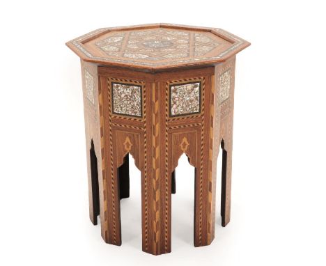 A Damascus Mother-of-Pearl and Brass Inlaid Parquetry Occasional Table, 1876-1909, the octagonal top with the Tughra of Abdul