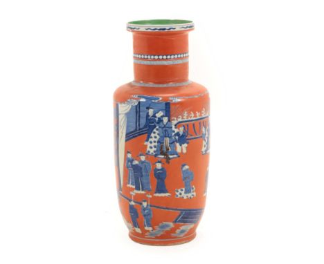 A Chinese Porcelain Rouleau Vase, Kangxi reign mark, painted in underglaze blue with a dignitary and attendants on a later or