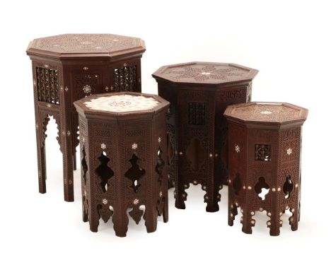 A Syrian Mother-of-Pearl Inlaid Hardwood Occasional Table, early 20th century, of octagonal form with turned and pierced pane