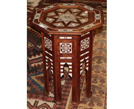 A Damascus Bone and Mother-of-Pearl Inlaid Occasional Table, late 19th/early 20th century, the octagonal top with geometric m