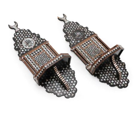 A Pair of Ottoman Mother-of-Pearl, Parquetry and Ebonised Turban Stands (Kavukluk), late 19th/early 20th century, with cresce