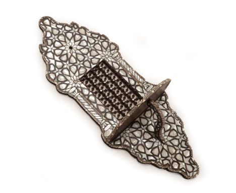 An Ottoman Mother-of-Pearl, Bone Inlaid and Pewter Strung Hardwood Turban Stand (Kavukluk), early 20th century, the ogee cres