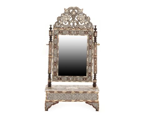 A Damascus Mother-of-Pearl and Bone Inlaid and Pewter Strung Hardwood Toilet Mirror, late 19th/early 20th century, with folia