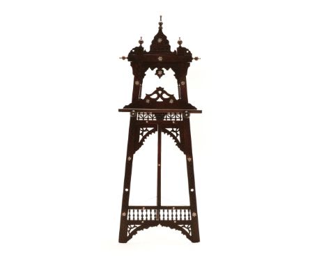A Damascus Mother-of-Pearl Inlaid Hardwood Easel, late 19th/early 20th century, with minaret finials, ogee cresting, turned a
