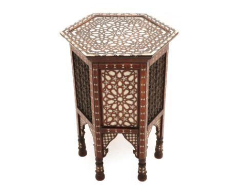 A Syrian Bone, Mother-of-Pearl Inlaid and Pewter-Strung Occasional Table, circa 1900, the hexagonal top over alternating turn