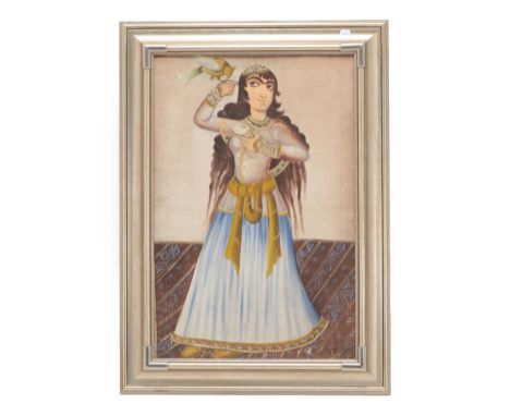 Qajar School (late 19th/early 20th century) Portrait of a lady with a bird perched on her right hand, a wine cup in her left 