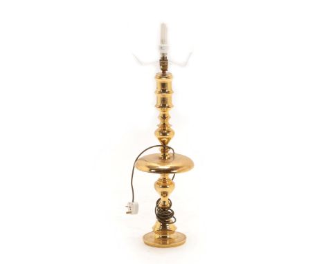 A Cairo Ware Lamp Stand, late 19th/early 20th century, of vase knopped form, on circular foot engraved with foliate decoratio
