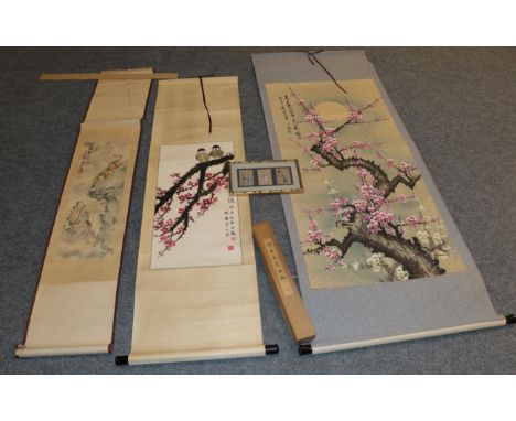 Chinese School Scroll painting of flowering prunus by moonlight with script and seal mark Gouache, 127cm by 63cm; a similar s