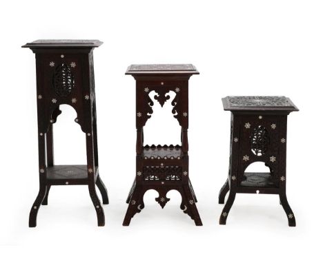 A Syrian Mother-of-Pearl Inlaid Hardwood Stand, late 19th/early 20th century, the square top with calligraphy over oval turne